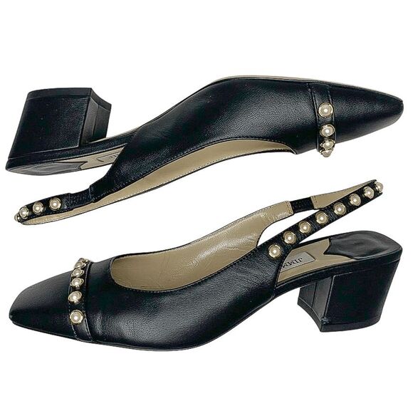 Jimmy Choo Hya 45 Pearl Stud Slingback Pump Black Leather Block Heel Size 37 - Picture 6 of 11
